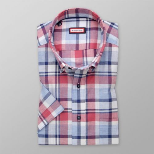 Pánska slim fit košeľa s červeno-modrým károvaným vzorom 14009