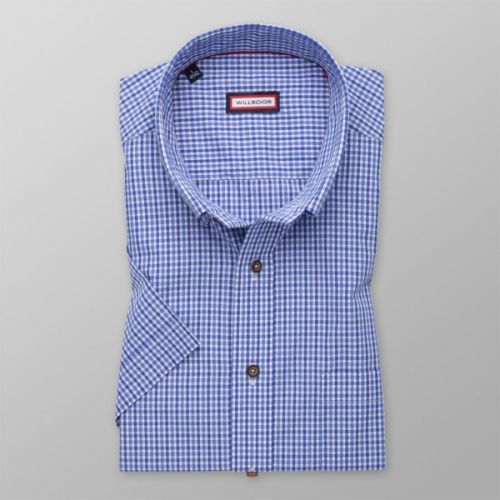 Pánska slim fit košeľa modrej farby s tmavomodrým károvaným vzorom 14013