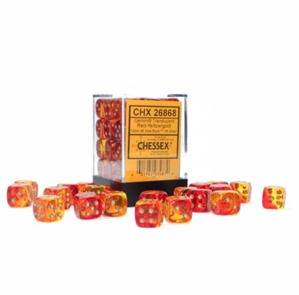 Chessex Sada kociek Chessex Gemini 12 mm D6 Transculent Red-Yellow/Gold - 36 ks