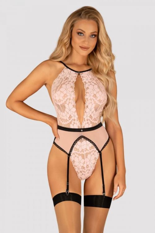 Svetloružové čipkované body s podväzkovým pásom Lilines