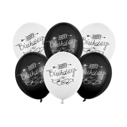 SB14P-258-000-6 Party Deco Set balónov Happy Birthday 30cm - čierno-biele 6ks