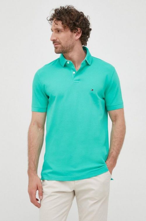 Polo tričko Tommy Hilfiger pánske, zelená farba, jednofarebné