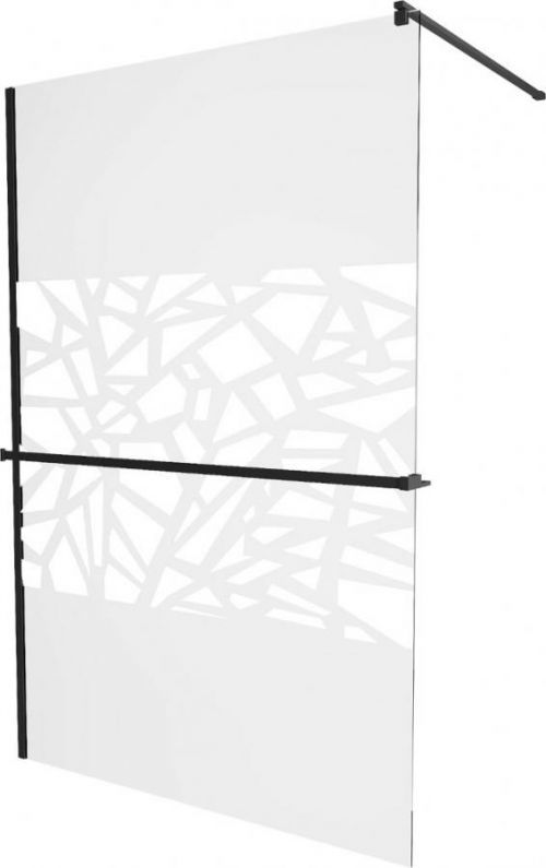 MEXEN/S - KIOTO Sprchová zástena WALK-IN s poličkou a držiakom uterákov 120 x 200 cm, transparent/biely dekor 8 mm, čierna 800-120-121-70-85