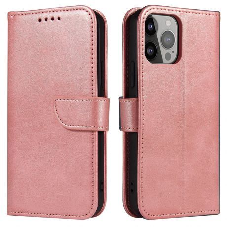 MG Magnet knižkové kožené puzdro na iPhone 13 Pro, ružové