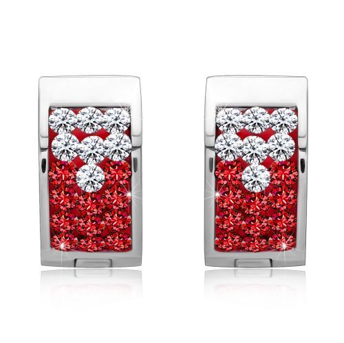 Oceľové náušnice - strieborná farba, červený pás vykladaný čírymi a červenými zirkónmi