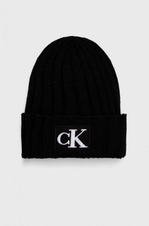 Detská čiapka Calvin Klein Jeans čierna farba biela, z tenkej pleteniny,