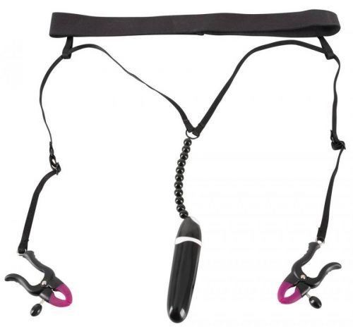 Bad Kitty String with Clamps - nohavičky so štipcami na pysky ohanbia a s vibrátorom (fialové - čierne)