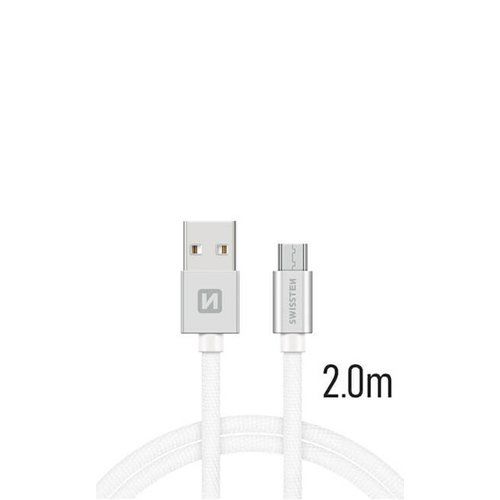 MicroUSB Kábel Swissten opletený, Quick charge, 3A, 2m - biely
