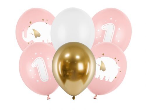 PartyDeco Latexové balóny - Prvé narodeniny sloník ružové 6 ks