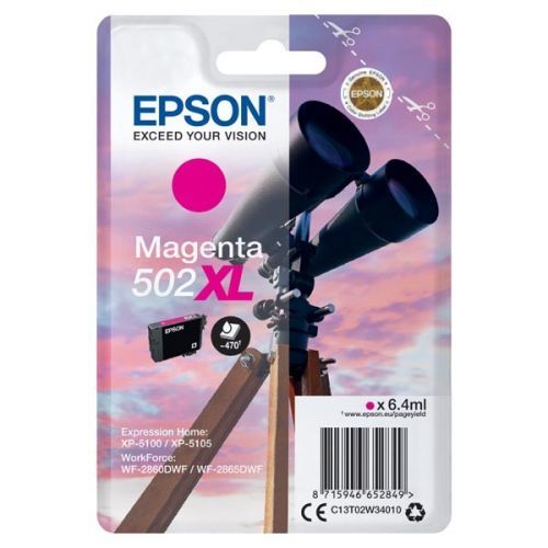 Epson originál ink C13T02W34010, 502XL, T02W340, magenta, 470str., 6.4ml, Epson XP-5100, XP-5105, WF-2880dwf, WF2865dwf