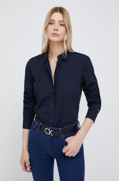 Bavlnená košeľa Tommy Hilfiger dámska, tmavomodrá farba, regular, s klasickým golierom