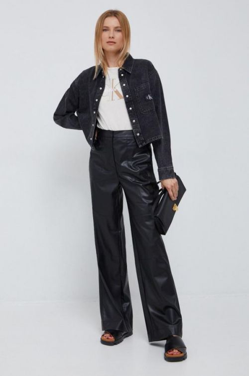 Nohavice Calvin Klein Jeans dámske, čierna farba, rovné, vysoký pás