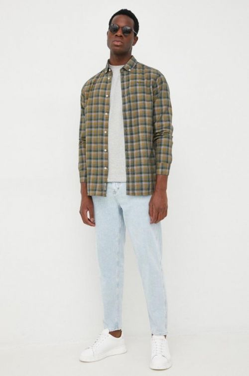 Bavlnená košeľa Pepe Jeans pánska, zelená farba, regular, s golierom button-down