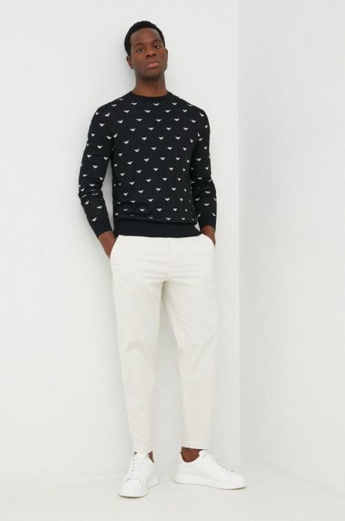 Vlnený sveter Emporio Armani pánsky, čierna farba, tenký,