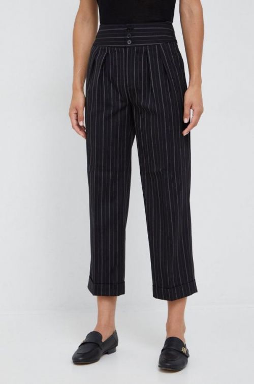 Vlnené nohavice Lauren Ralph Lauren dámske, čierna farba, rovné, vysoký pás