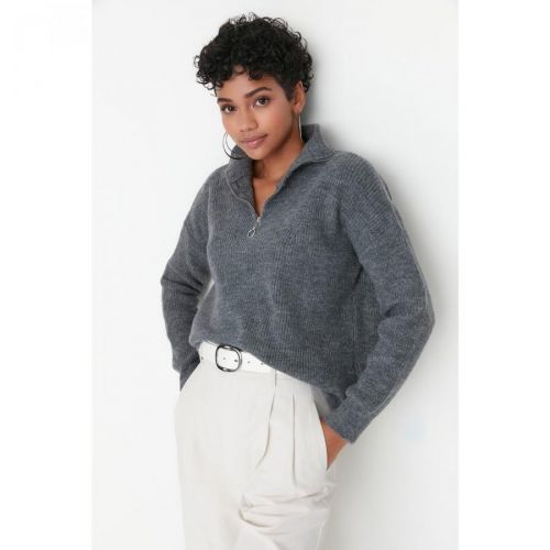 Trendyol Anthracite Zippered Knitwear Sweater