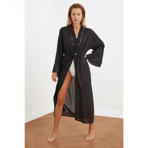 Trendyol Black Striped Belted Kimono&Caftan