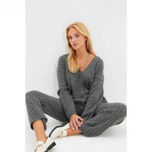 Trendyol Anthracite Cardigan Pants Knitwear Bottom-Top Suit
