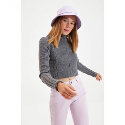 Trendyol Anthracite Crop Braided Knitwear Sweater