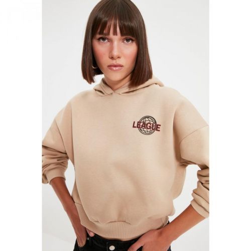 Trendyol Beige Back Print Detail Hooded Knitted Rack Sweatshirt