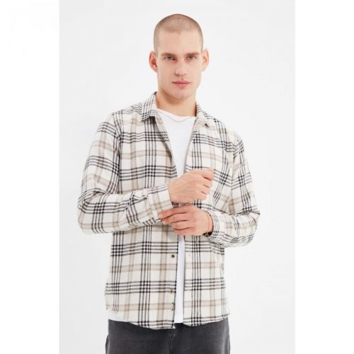 Trendyol Beige Men Regular Fit Shirt Collar Woodcut Plaid Shirt