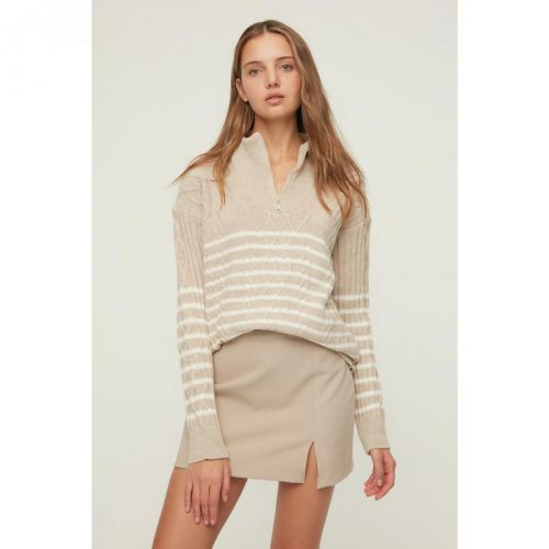 Trendyol Beige Zipper Detailed Knitwear Sweater