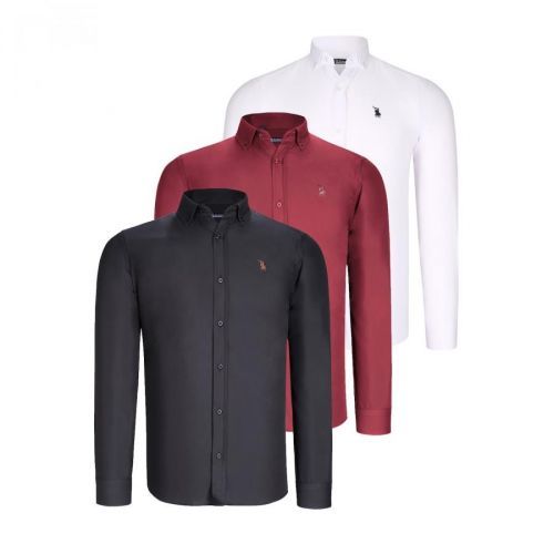 TRIPLE SET G725 DEWBERRY MEN'S SHIRT-BLACK-WHITE-BURGUNDY
