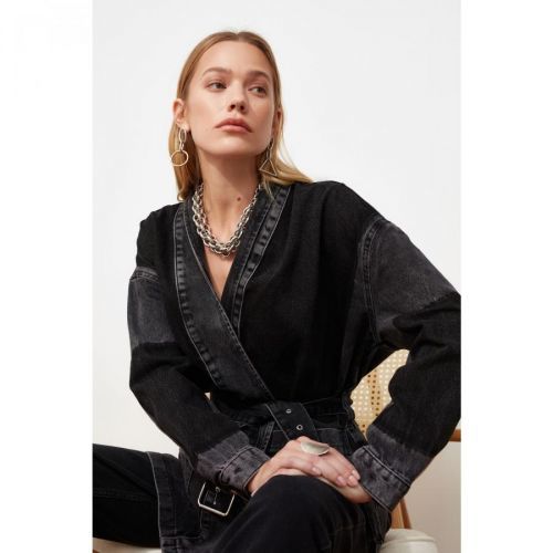 Trendyol Anthracite Belted Color Block Oversize Denim Jacket
