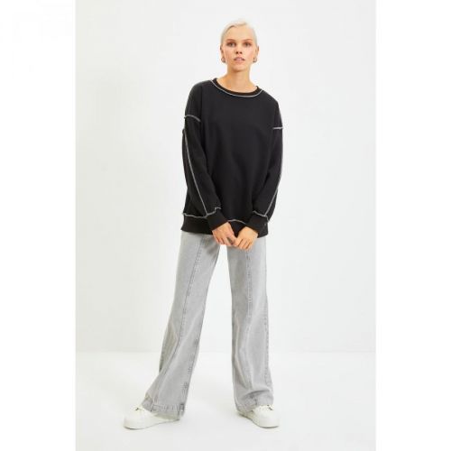 Trendyol Black Bedstead Stitched Basic Knitted Raised Sweatshirt