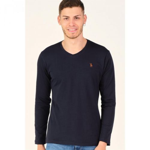 T8587 DEWBERRY V-NECK MEN'S LONG SLEEVE T-SHIRT-NIGHT BLUE
