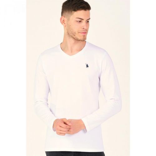 T8587 DEWBERRY V-NECK MEN'S LONG SLEEVE T-SHIRT-LIGHT WHITE