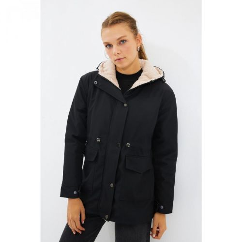 Trendyol Black Hooded Sheepskin Parka