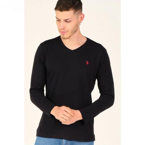 T8587 DEWBERRY V-NECK MEN'S LONG SLEEVE T-SHIRT-CHARCOAL BLACK