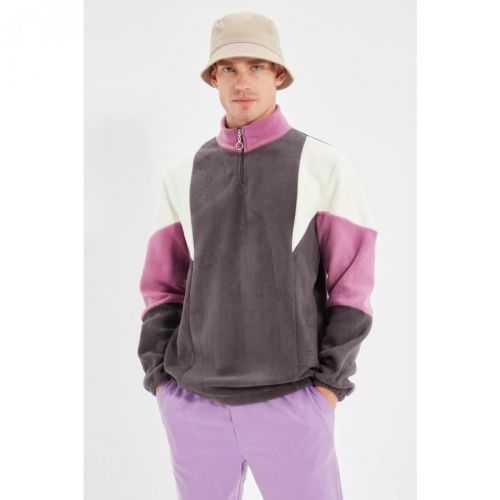Trendyol Anthracite Men Regular Fit Zipper Stand Up Collar Long Sleeve Paneled Sweatshirt
