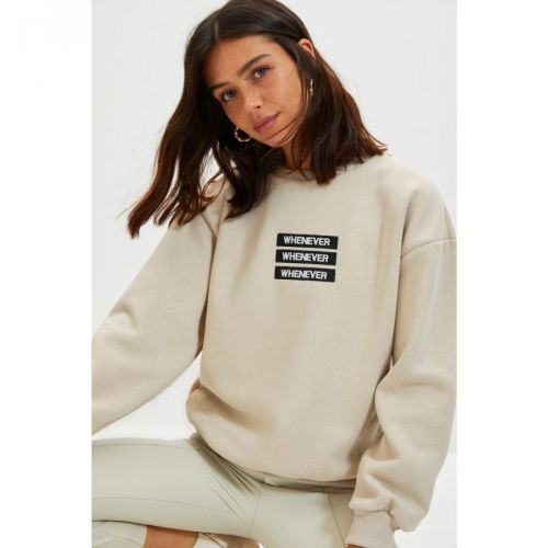 Trendyol Beige Embroidered Loose Stand Up Collar Knitted Raised Sweatshirt