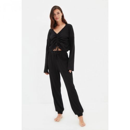 Trendyol Black Ruffle Detailed Camisole Knitted Bottom-Top Set
