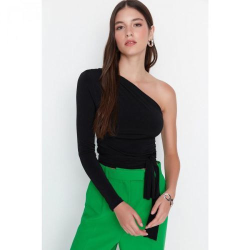 Trendyol Black Single Sleeve Tie Detailed Fitted Knitted Blouse