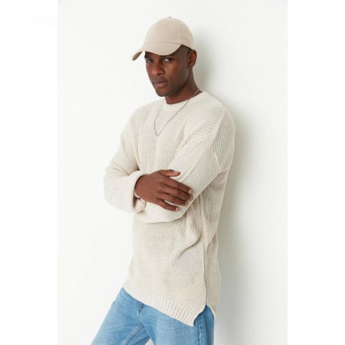 Trendyol Beige Men's Oversize Fit Wide Fit Crew Neck Slit Knitwear Sweater