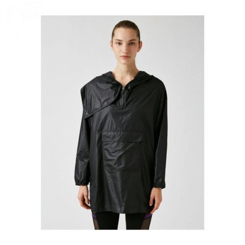 Koton Women's Black Hooded Pocket Detailed Zippered Coat