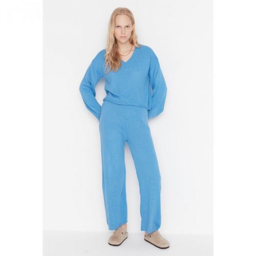 Trendyol Blue V-Neck Knitwear Bottom-Top Suit