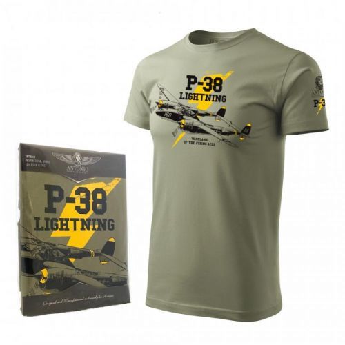 Tričko Antonio s vojnovým lietadlom P-38 LIGHTNING - olivové, M