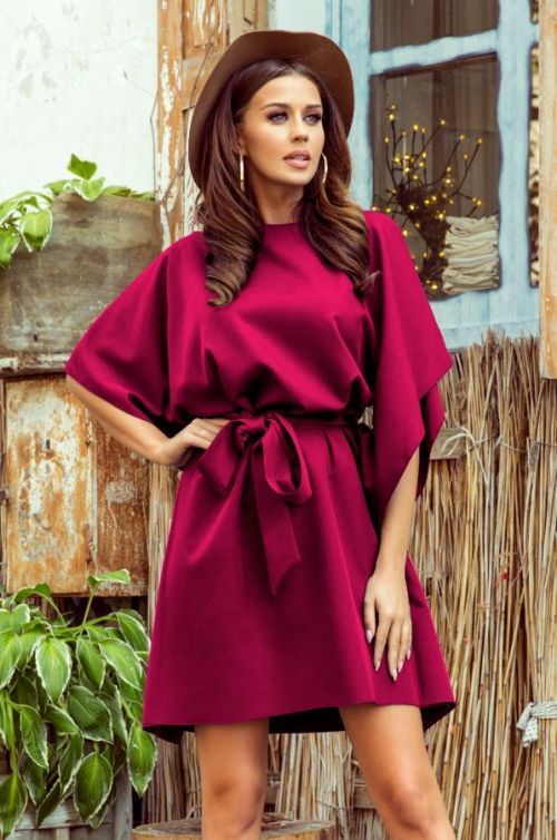 Bordové krátke šaty s voľnými rukávmi Veľkosť: L/XL