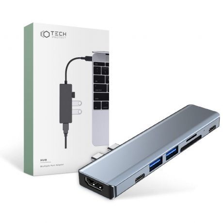 Tech-Protect V5 HUB adaptér 2x USB / 2x USB-C / HDMI / SD / Micro SD / TF, sivý