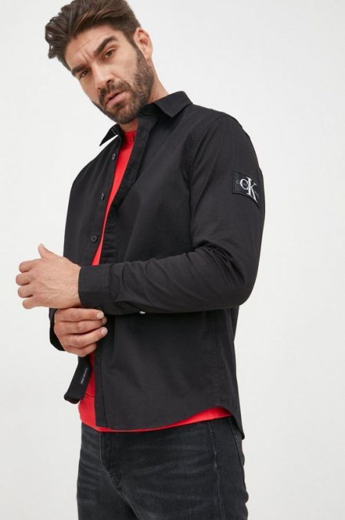 Košeľa Calvin Klein Jeans pánska, čierna farba, voľný strih, s klasickým golierom