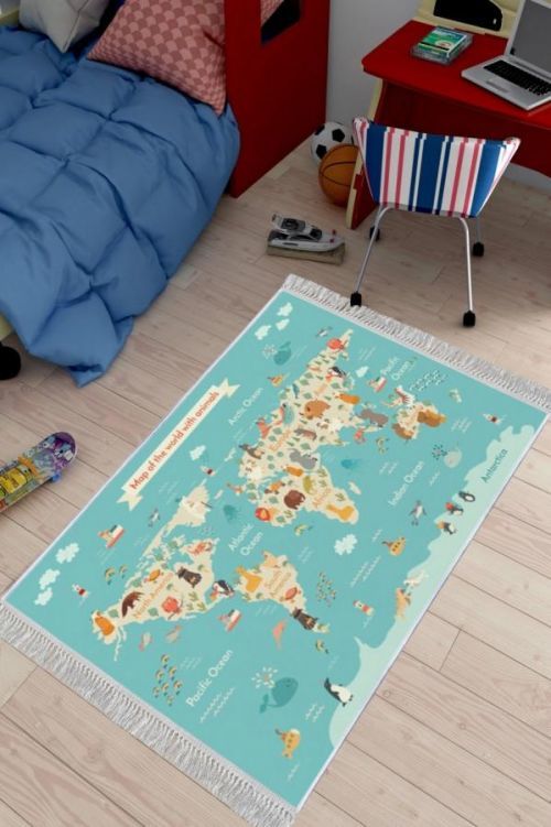 Dětský koberec Mapa zvířecího světa modrý