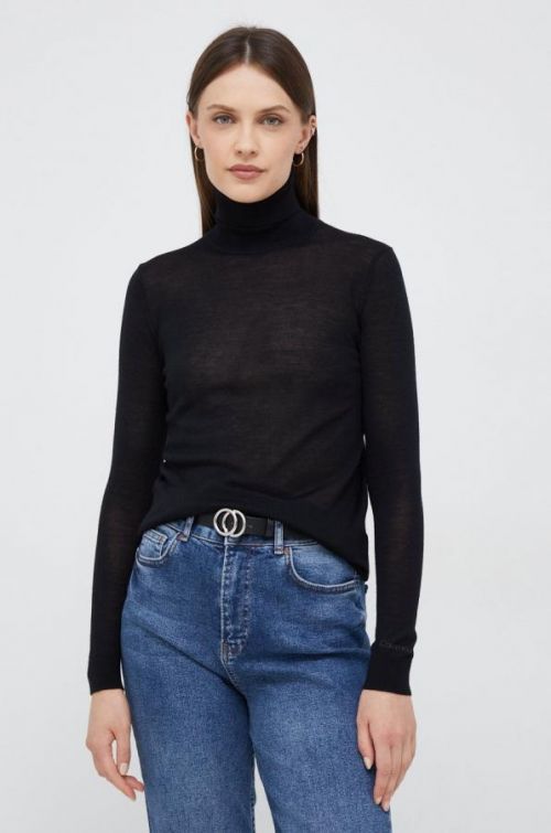 Vlnený sveter Calvin Klein dámsky, čierna farba, tenký, s rolákom