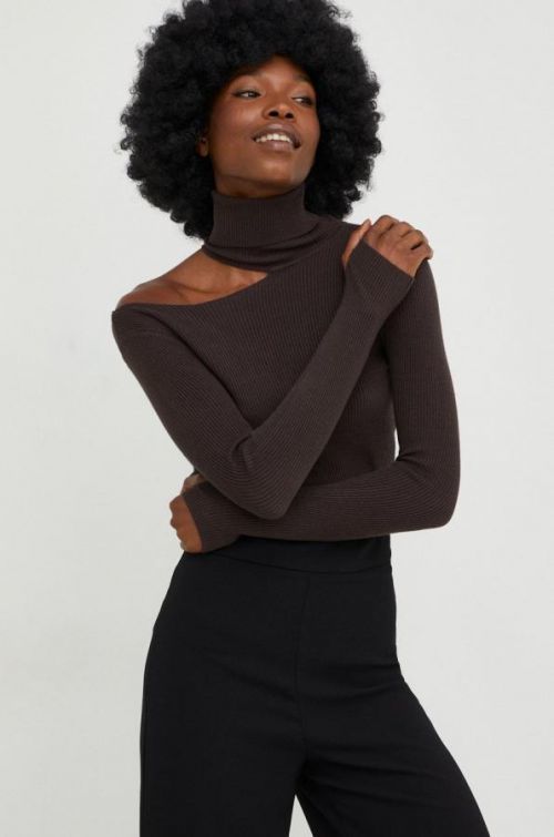 Sveter Answear Lab dámsky, hnedá farba, tenký, s rolákom