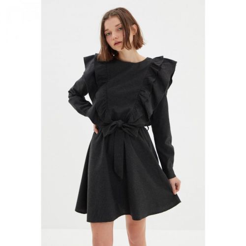 Trendyol Anthracite Belted Frilly Dress
