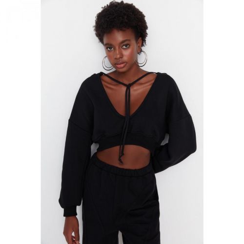 Trendyol Black Hooded V Neck Crop Raised Knitted Sweatshirt
