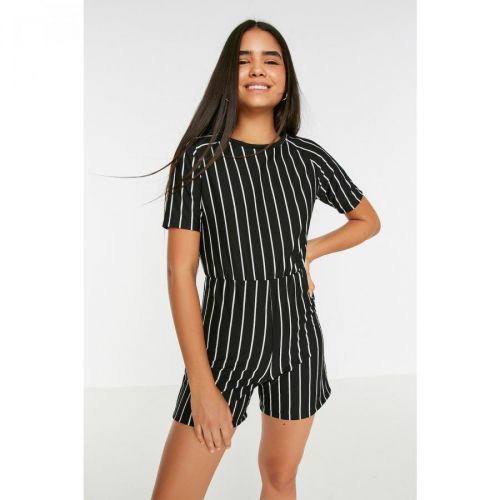 Trendyol Black Striped Belted Slim Knitted Jumpsuit